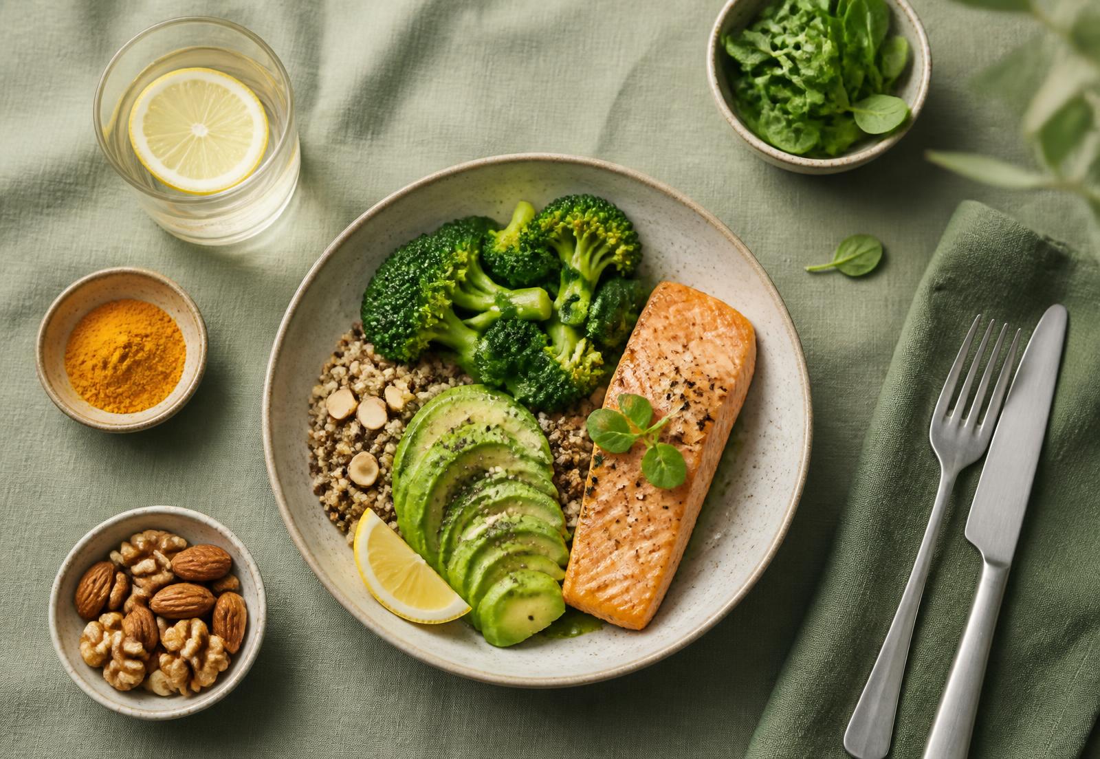 Hidangan sihat anti-inflammatory dengan sayur hijau, avokado dan ikan salmon